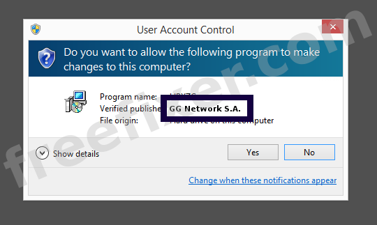Screenshot where GG Network S.A. appears as the verified publisher in the UAC dialog